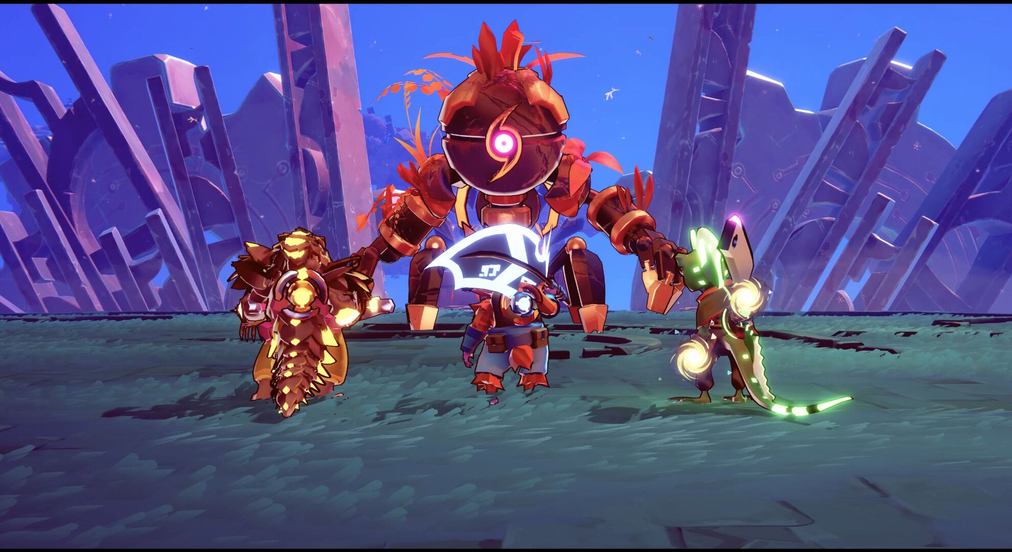 windblown three characters standing in front of a boss