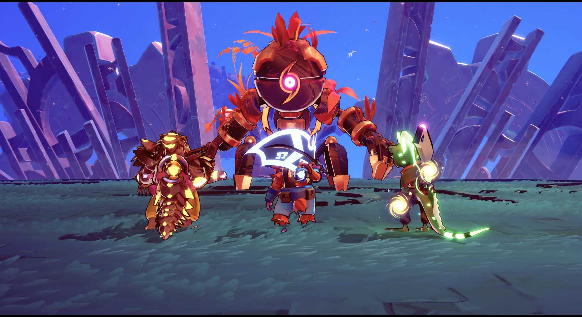 windblown three characters standing in front of a boss
