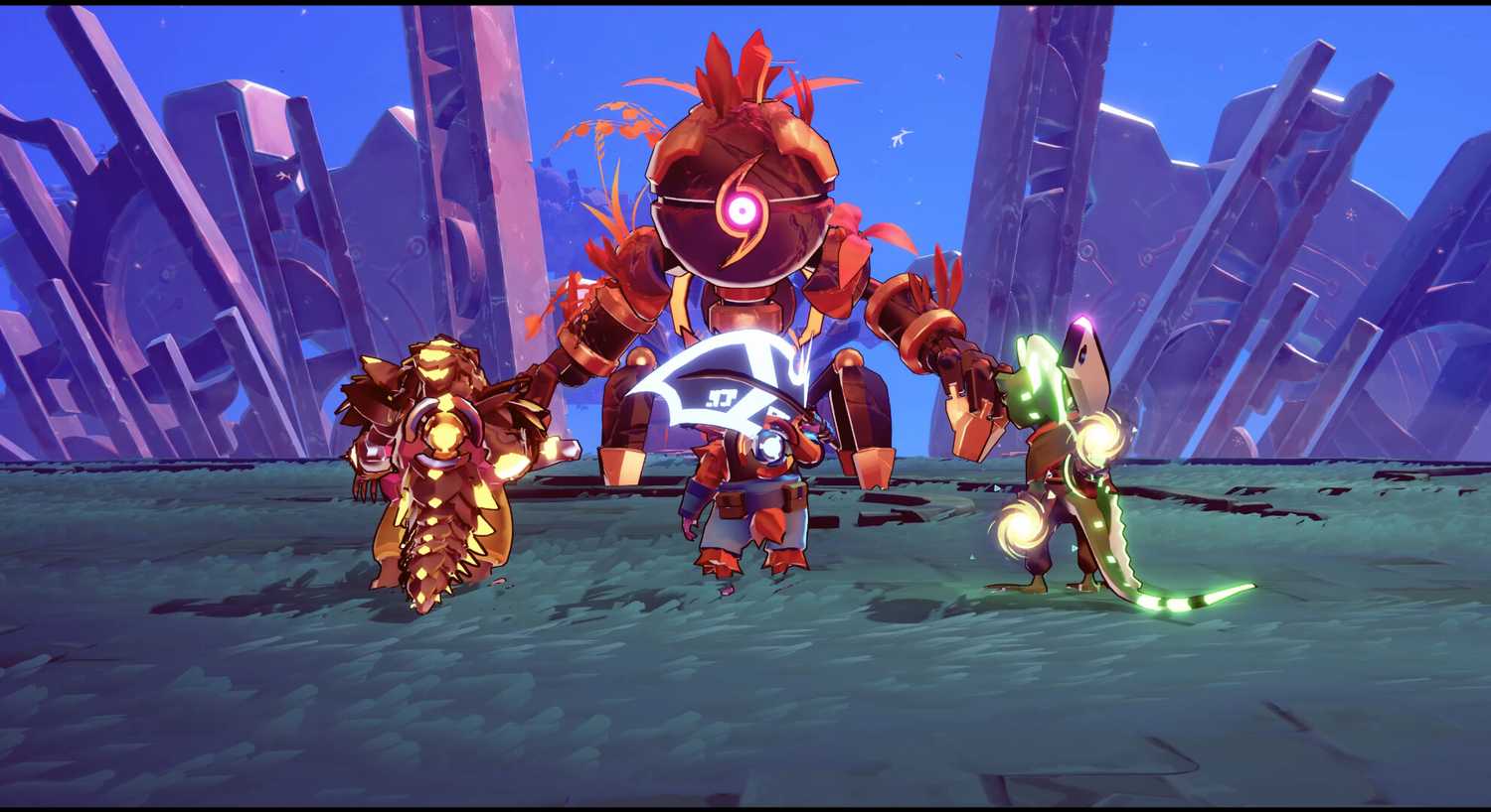 windblown three characters standing in front of a boss