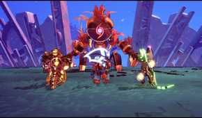windblown three characters standing in front of a boss