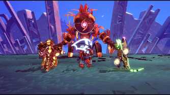 windblown three characters standing in front of a boss