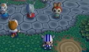 animal crossing, the villager and several animals vibing