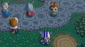 animal crossing, the villager and several animals vibing