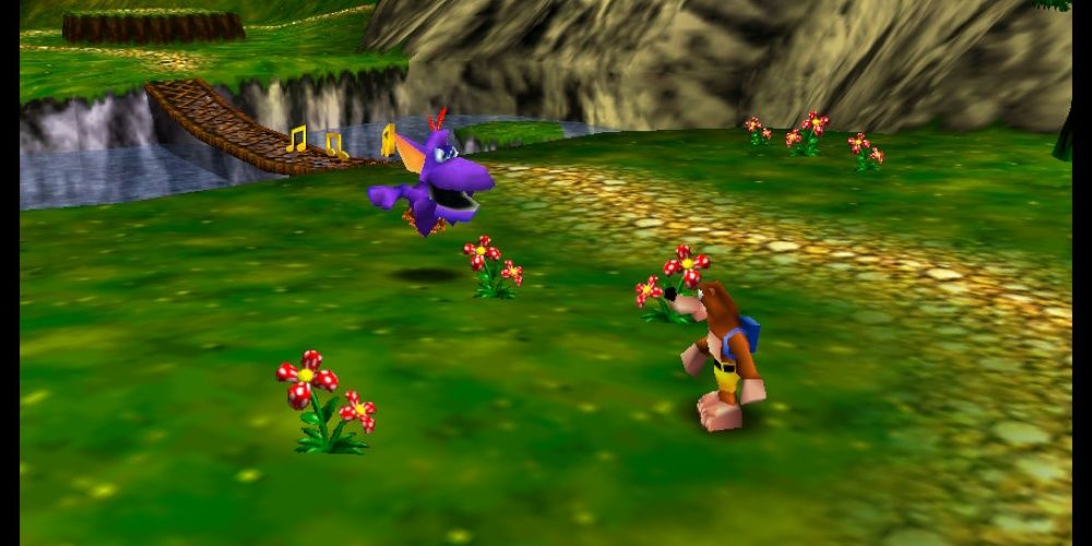 Banjo chilling near a purple creature in a field in Banjo-Kazooie