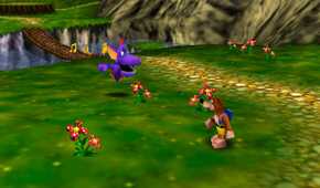 Banjo chilling near a purple creature in a field in Banjo-Kazooie