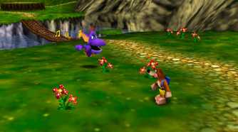 Banjo chilling near a purple creature in a field in Banjo-Kazooie