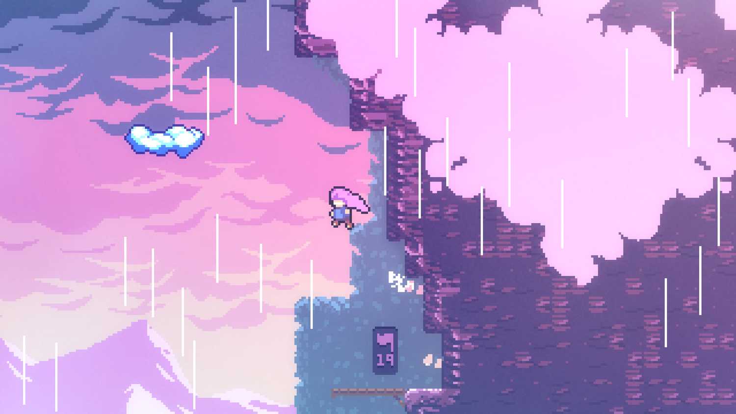 Screenshot from Celeste video game of player character jumping towards a cloud on the side of a mountain.