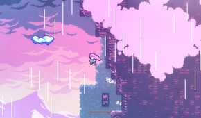 Screenshot from Celeste video game of player character jumping towards a cloud on the side of a mountain.
