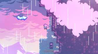 Screenshot from Celeste video game of player character jumping towards a cloud on the side of a mountain.