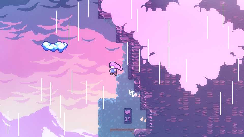 Screenshot from Celeste video game of player character jumping towards a cloud on the side of a mountain.