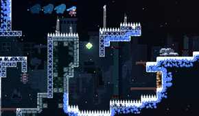 player character dashing in-air over a number of spikes in snowy setting.