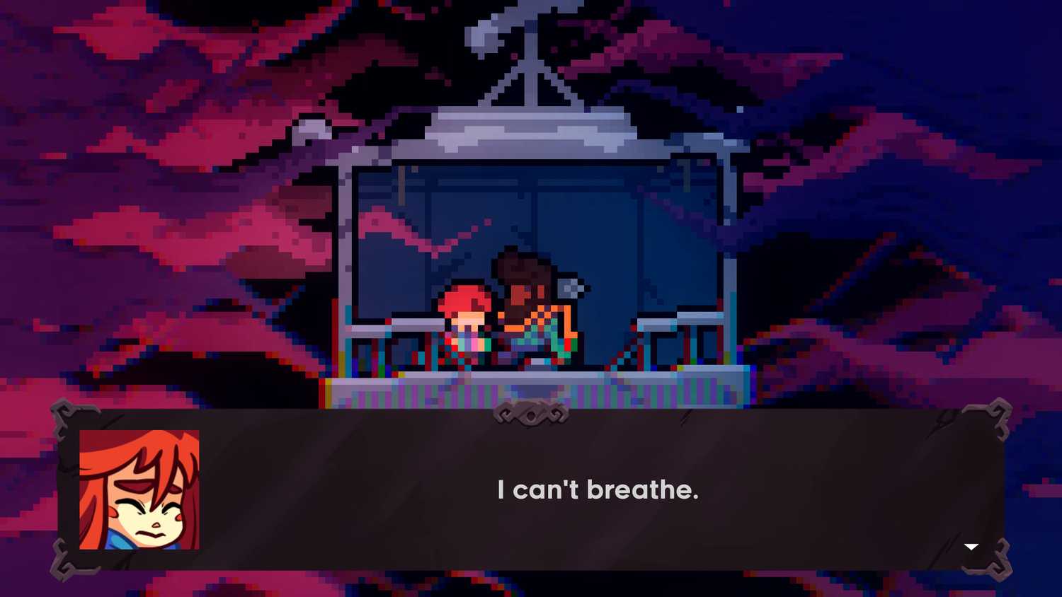 two characters in a gondola talking, with dialogue displayed.