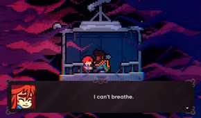 two characters in a gondola talking, with dialogue displayed.