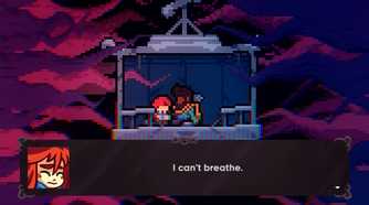 two characters in a gondola talking, with dialogue displayed.