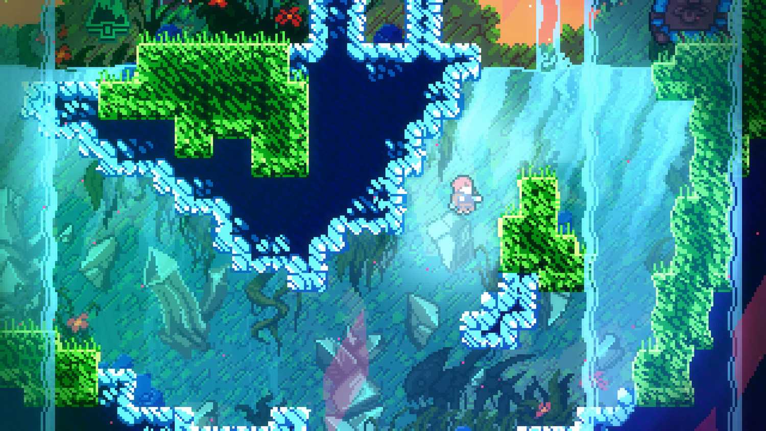 jumping towards a green platform in underground cave setting