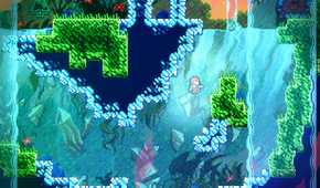 jumping towards a green platform in underground cave setting