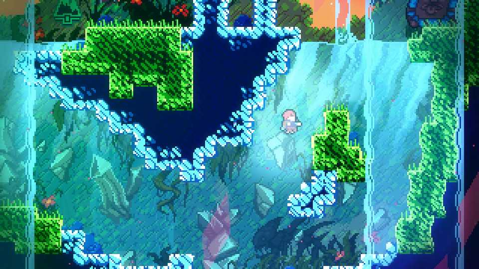 jumping towards a green platform in underground cave setting