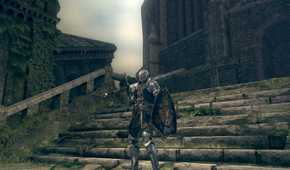 dark-souls character standing on a stairway