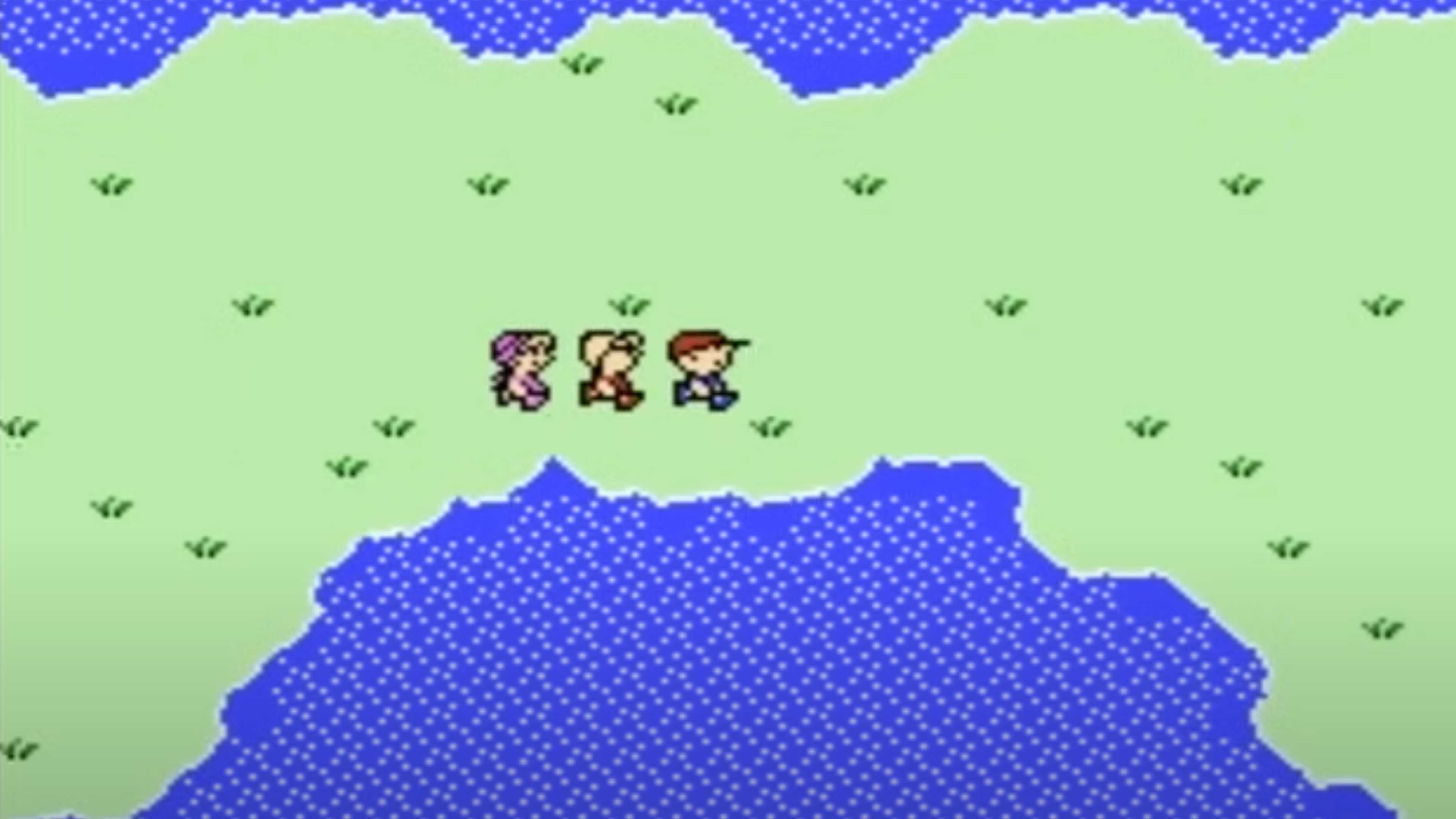Screenshot from Earthbound video game of three characters walking.