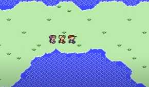 Screenshot from Earthbound video game of three characters walking.