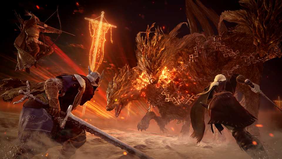 A group of heroes fighting a monster in Elden Ring Nightreign