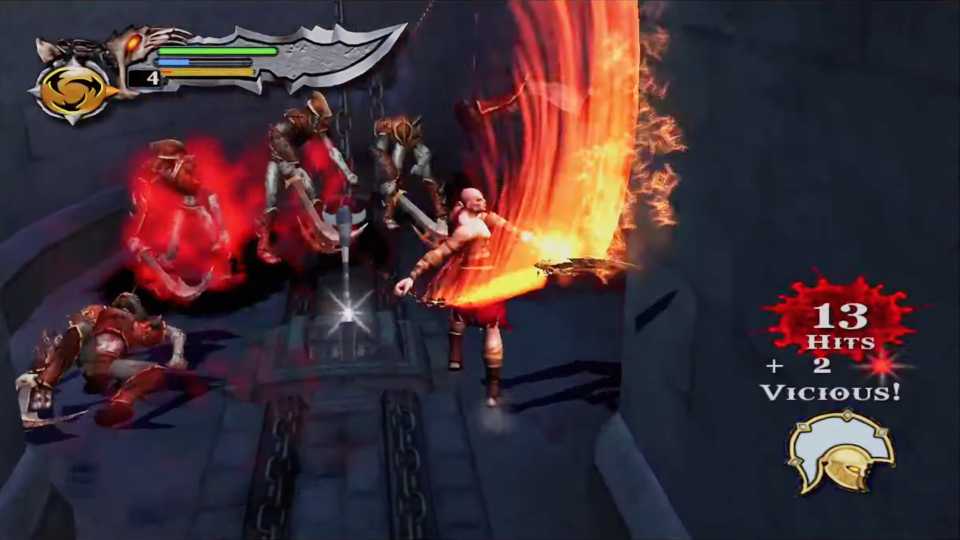 A screenshot of combat with the Blades of Chaos in God of War