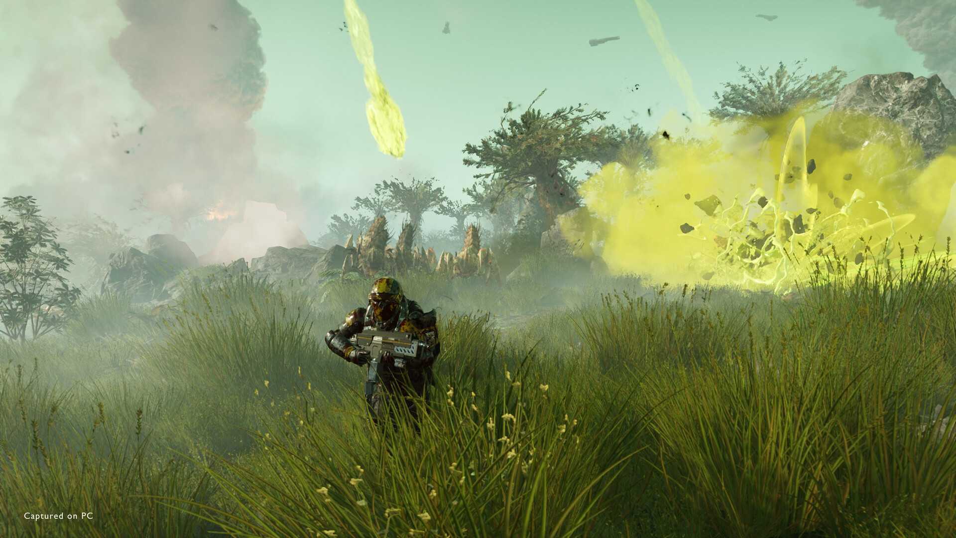 helldivers 2 running in a grassy field