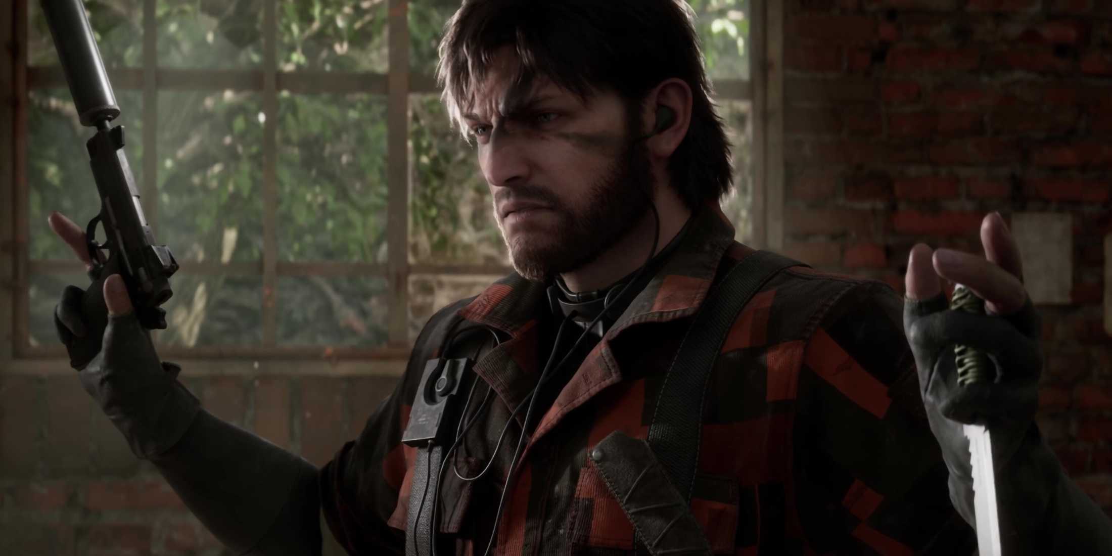 A screenshot of Snake putting up his hands in Metal Gear Solid Delta: Snake Eater