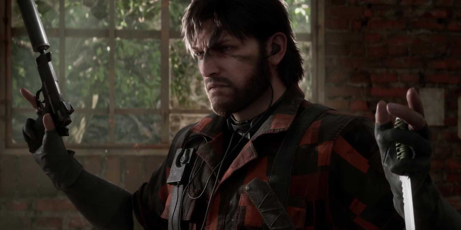 A screenshot of Snake putting up his hands in Metal Gear Solid Delta: Snake Eater