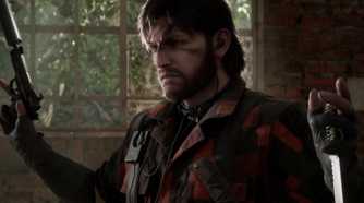 A screenshot of Snake putting up his hands in Metal Gear Solid Delta: Snake Eater