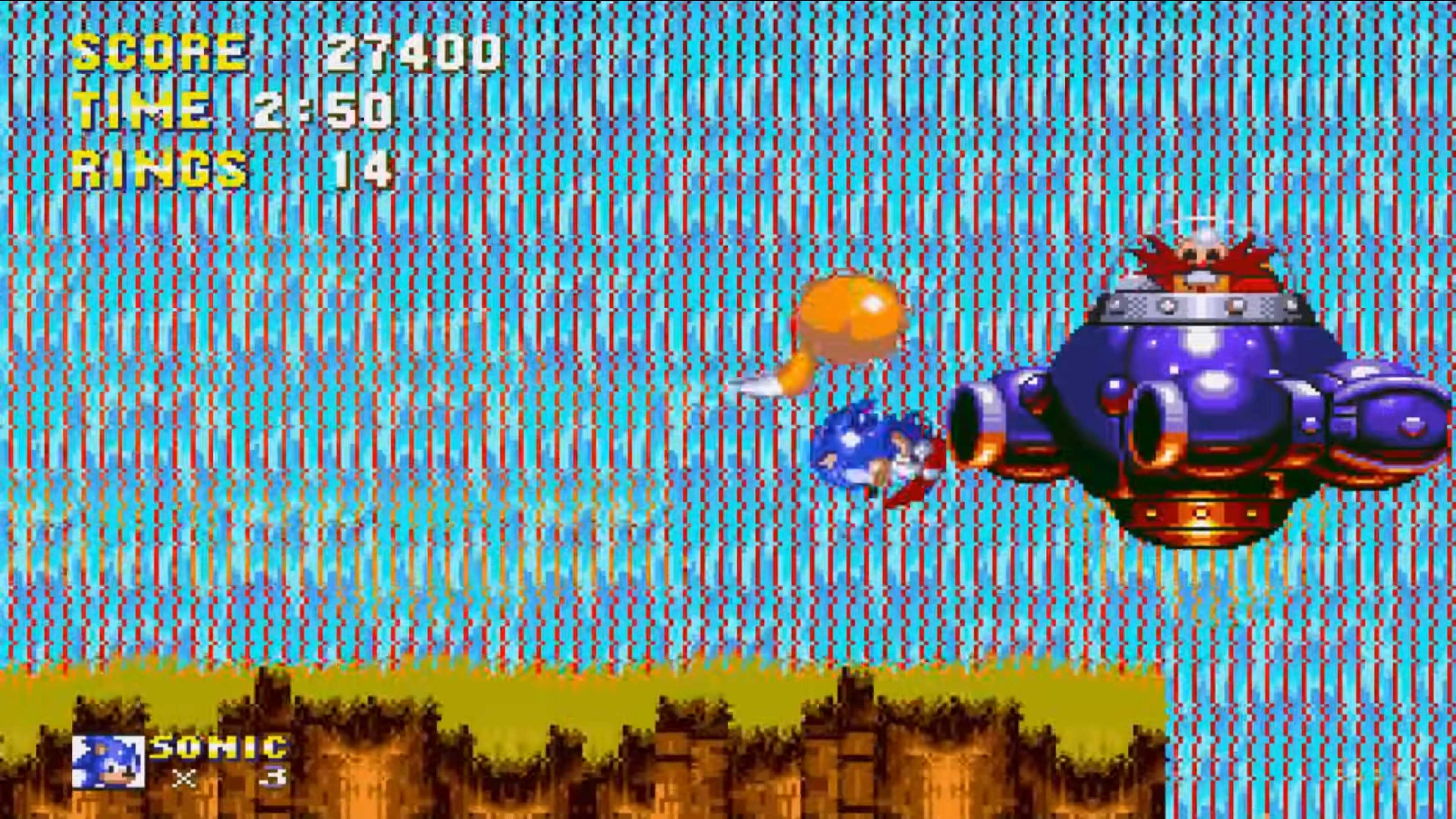 sonic 3 fighting eggman in front of a waterfall