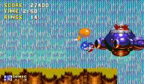 sonic 3 fighting eggman in front of a waterfall