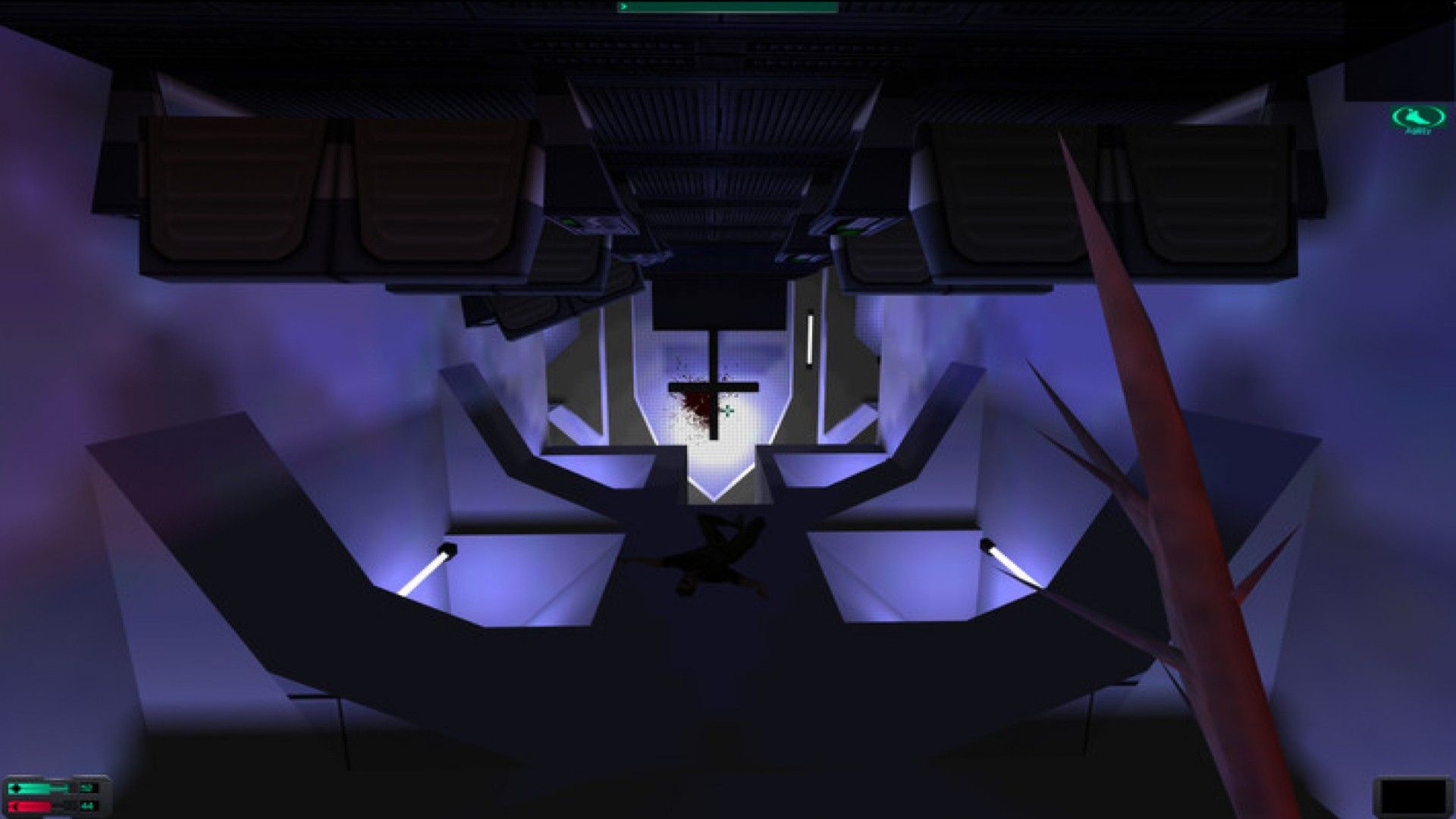 Screenshot from System Shock 2 video game of player character walking down a hallway