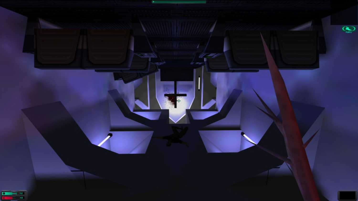 Screenshot from System Shock 2 video game of player character walking down a hallway