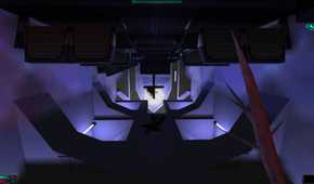 Screenshot from System Shock 2 video game of player character walking down a hallway