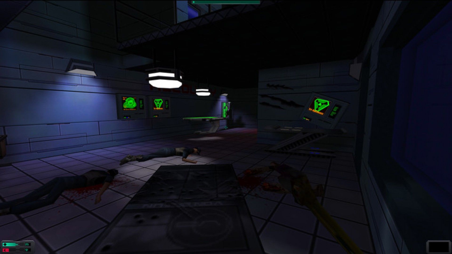 Screenshot from System Shock 2 video game of a dark room with dead bodies on the floor.