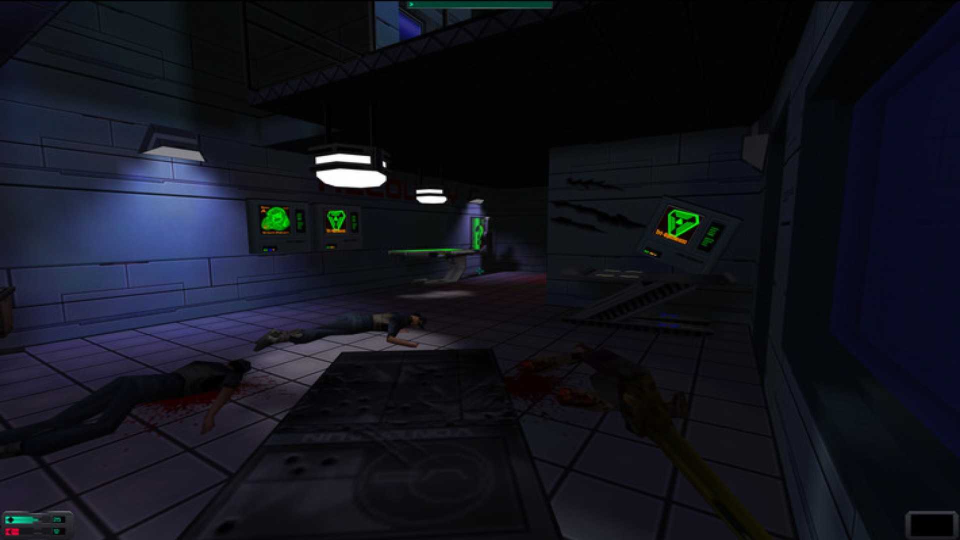 Screenshot from System Shock 2 video game of a dark room with dead bodies on the floor.