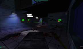 Screenshot from System Shock 2 video game of a dark room with dead bodies on the floor.