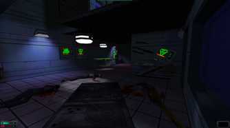 Screenshot from System Shock 2 video game of a dark room with dead bodies on the floor.