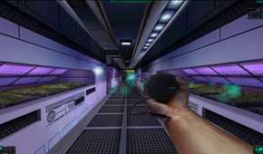 Screenshot from System Shock 2 video game of player character holding their a device in their hand