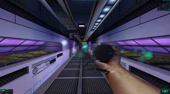 Screenshot from System Shock 2 video game of player character holding their a device in their hand