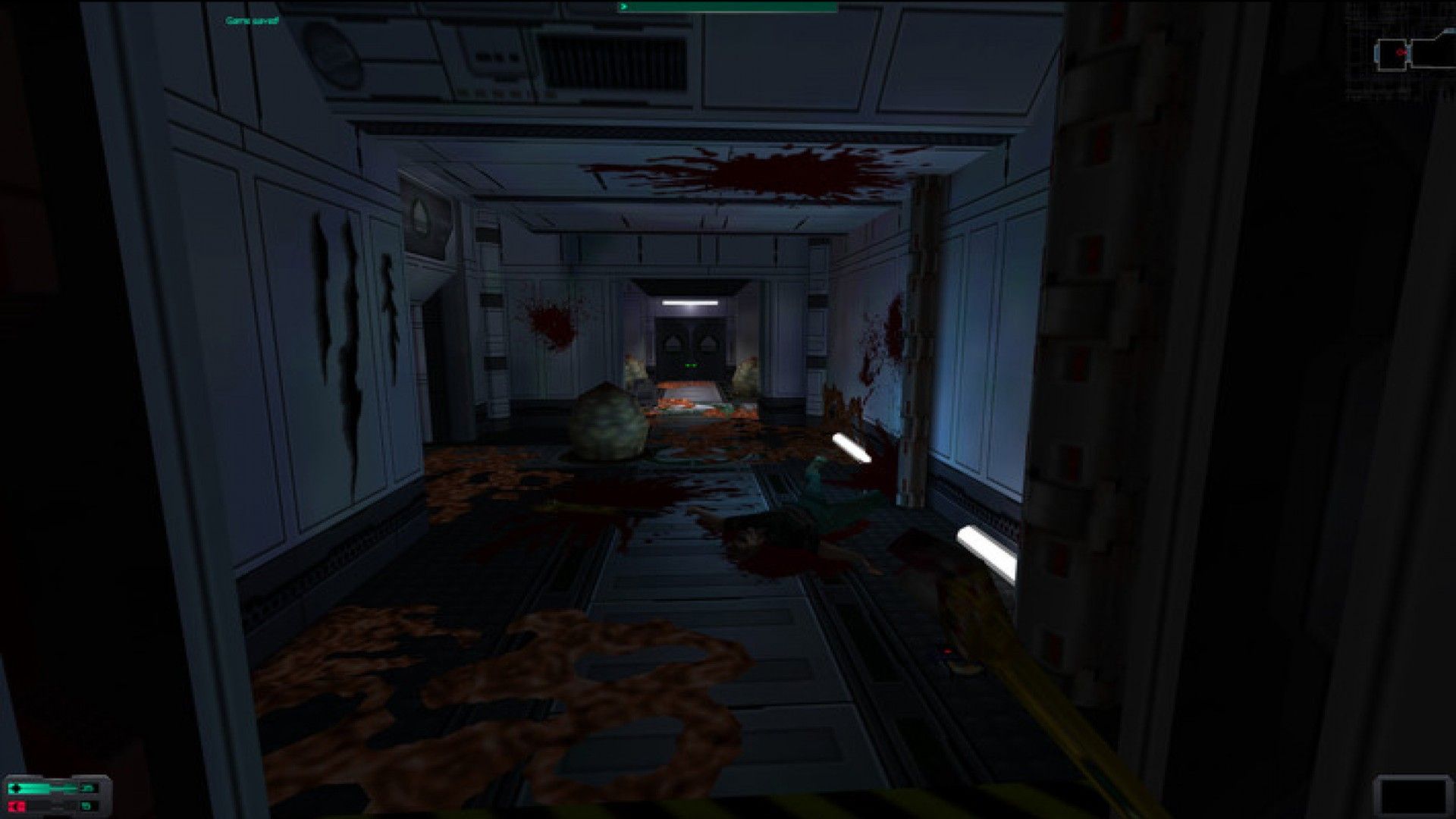 Screenshot from System Shock 2 video game of player character looking down a hallway with blood and body parts all around.