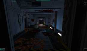 Screenshot from System Shock 2 video game of player character looking down a hallway with blood and body parts all around.