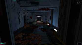 Screenshot from System Shock 2 video game of player character looking down a hallway with blood and body parts all around.