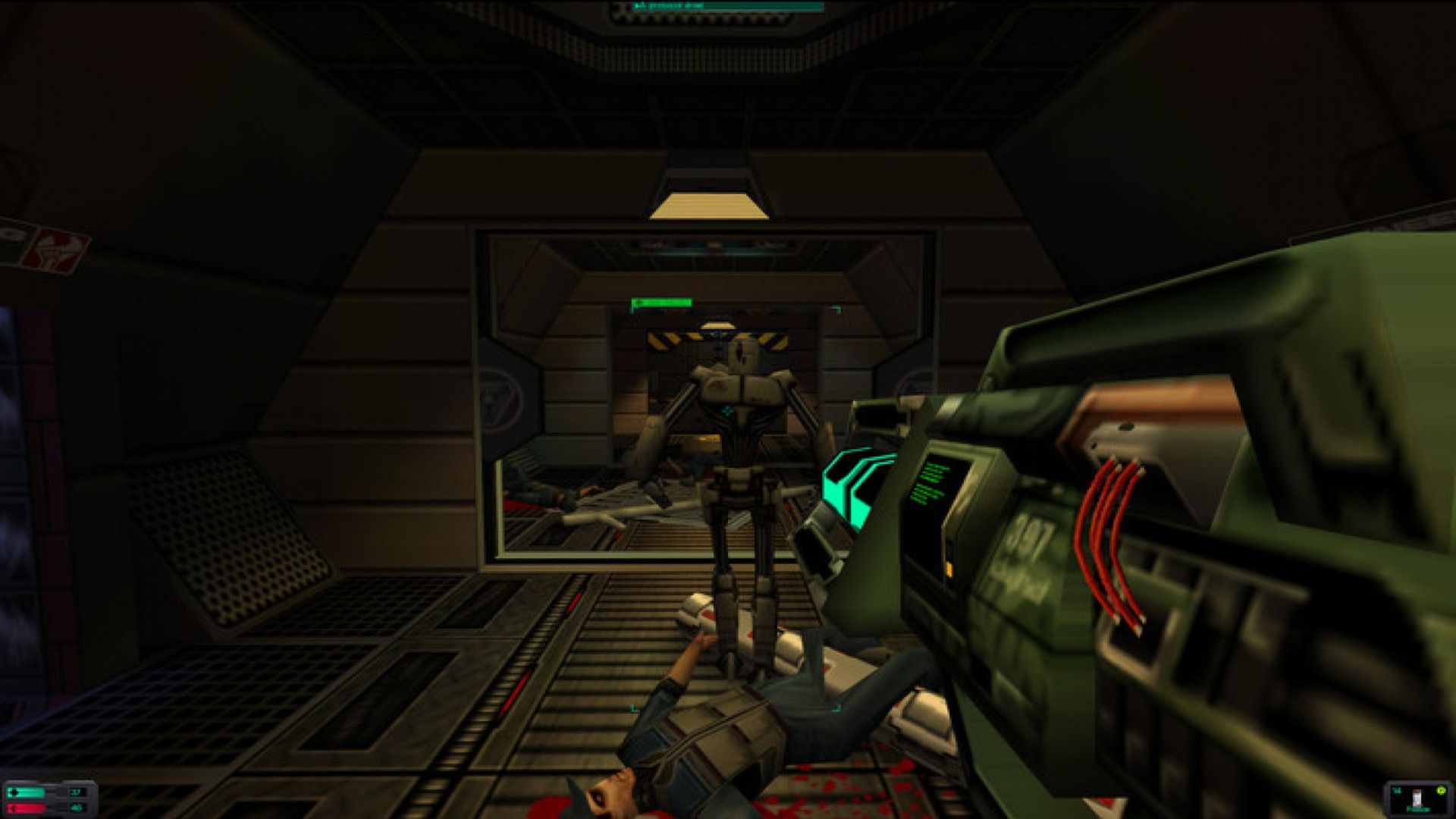 Screenshot from System Shock 2 video game of player character aiming a weapon at a robot