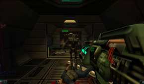Screenshot from System Shock 2 video game of player character aiming a weapon at a robot