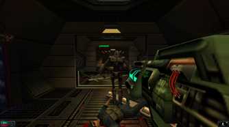 Screenshot from System Shock 2 video game of player character aiming a weapon at a robot