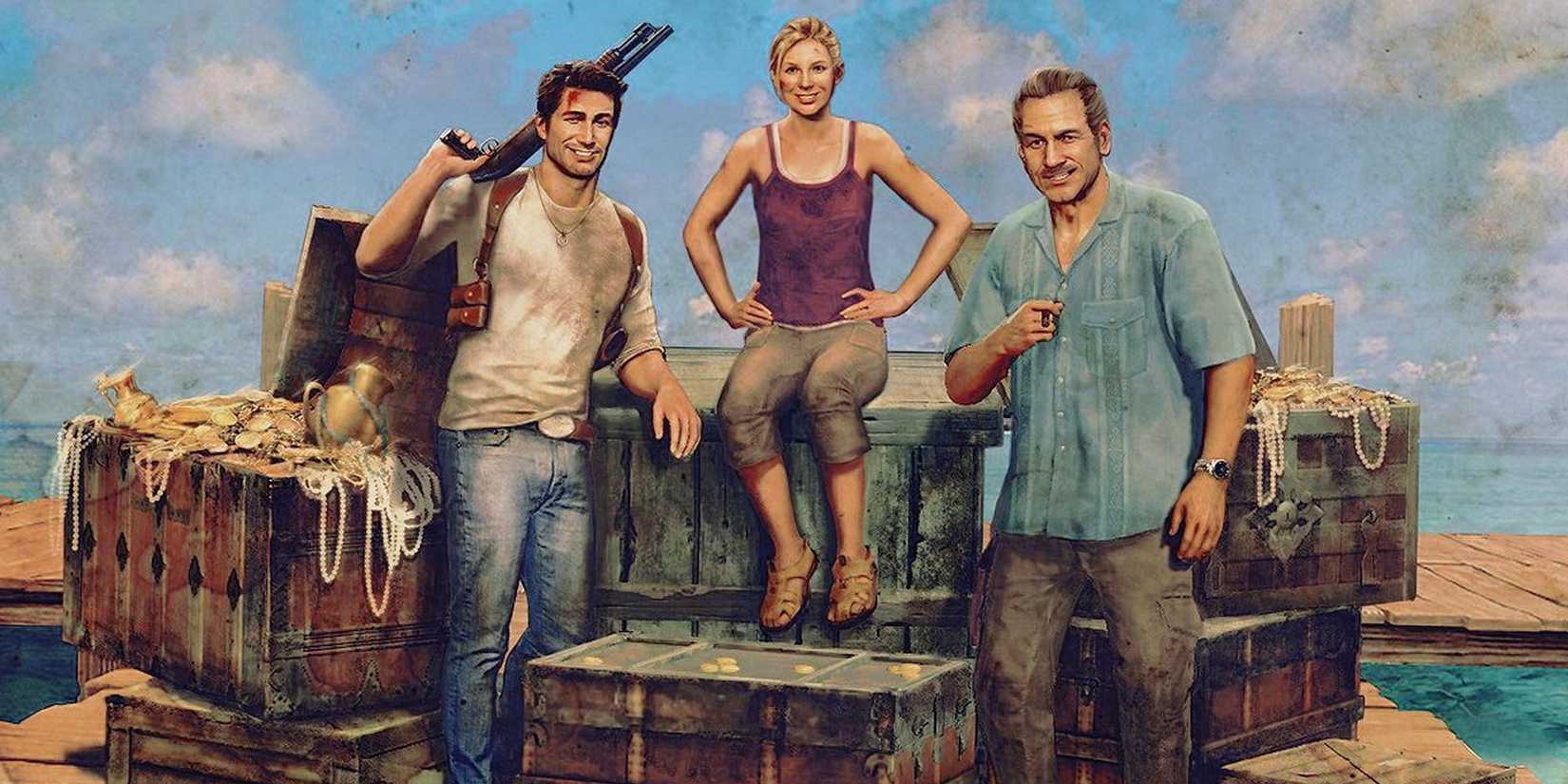 A screenshot of Natha, Elena, and Sully in Uncharted: Darke's Fortune