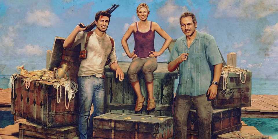 A screenshot of Natha, Elena, and Sully in Uncharted: Darke's Fortune