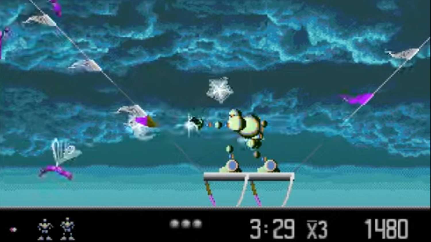 A screenshot of Vectorman firing against small robots